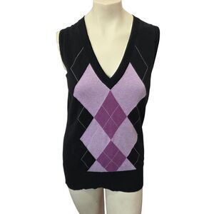 Gap Black Argyle Sweater Vest Large Purple Preppy Y2K Sleeveless Knit Top